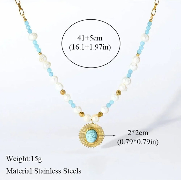 Medallion Turquoise 18K Gold Stainless Steel Waterproof Necklace - Picture 5 of 10